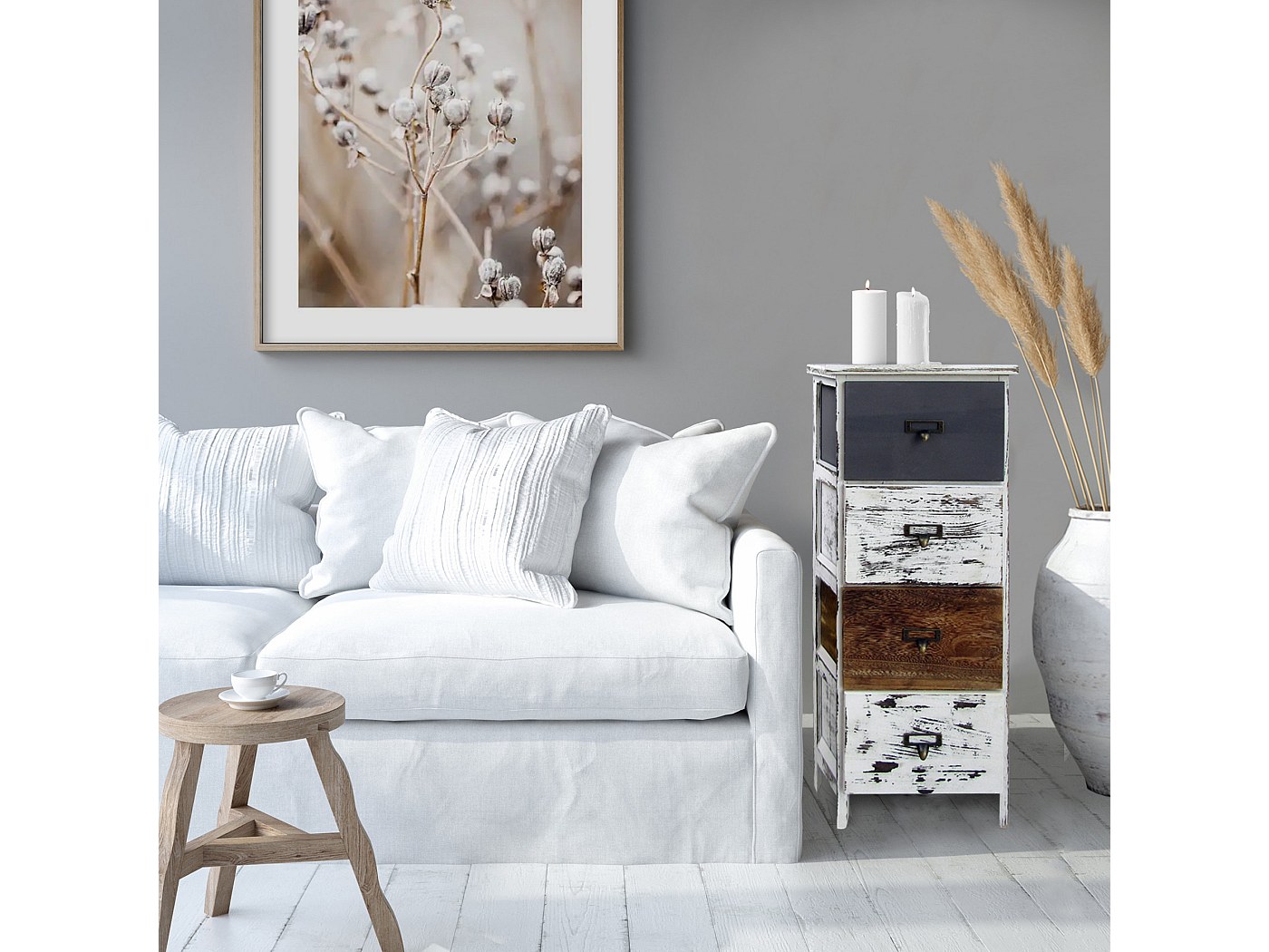 Commode 4 Tiroirs Bois Rétro Blanc Gris Marron 74x28x28