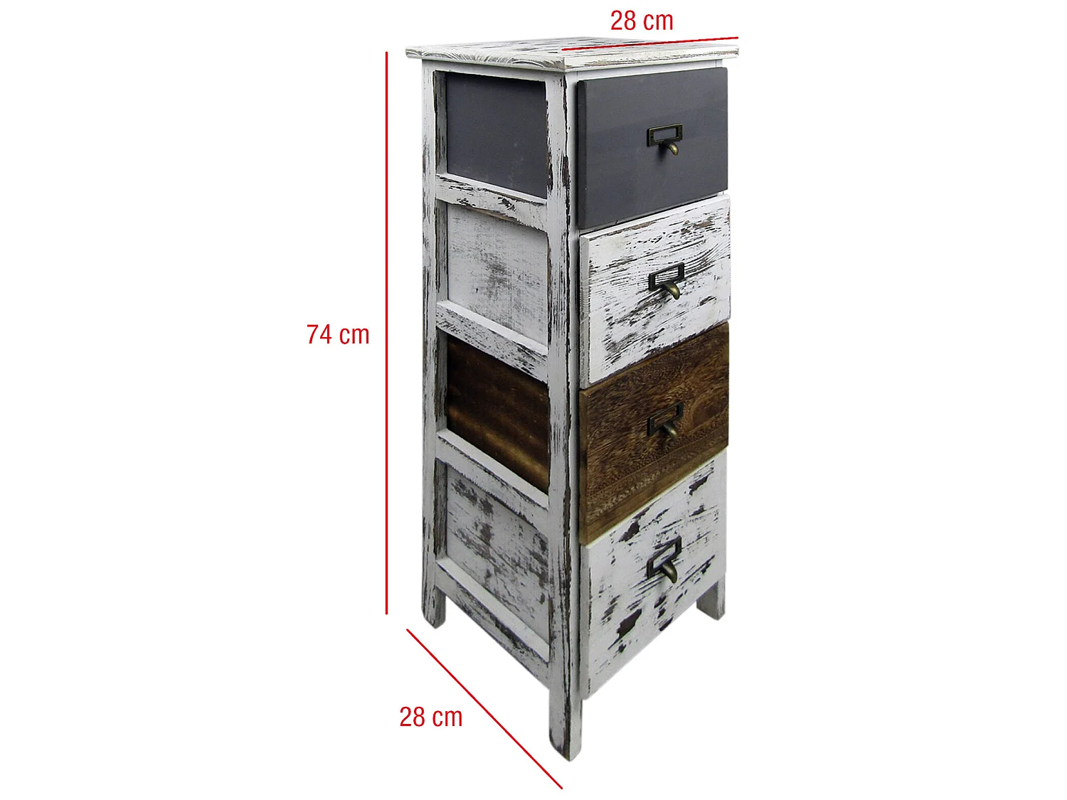Commode 4 Tiroirs Bois Rétro Blanc Gris Marron 74x28x28