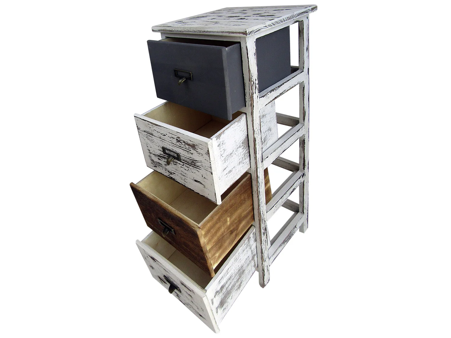 Commode 4 Tiroirs Bois Rétro Blanc Gris Marron 74x28x28