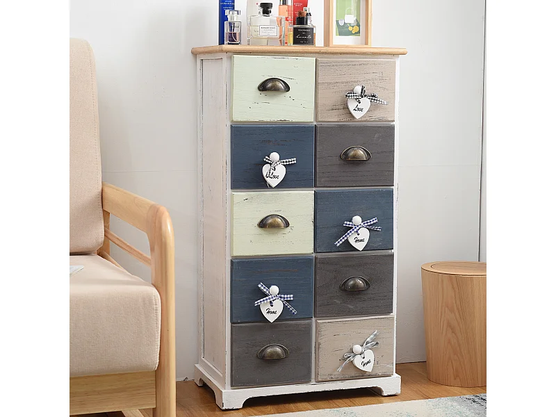 Cassettiera Shabby Vintage Beige Blu Marrone 10 Cassetti 88x48x30