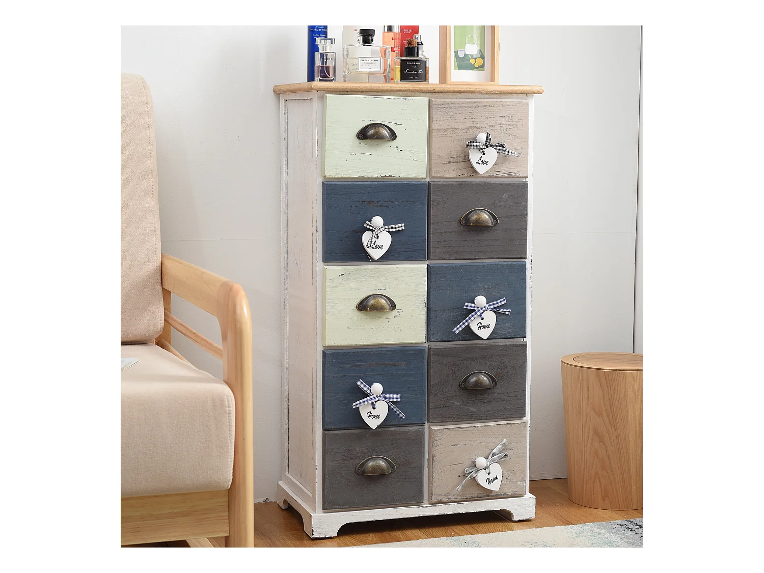 Commode Meuble 10 Tiroirs Bois Blue Gris Blanc Retro 88x48x30