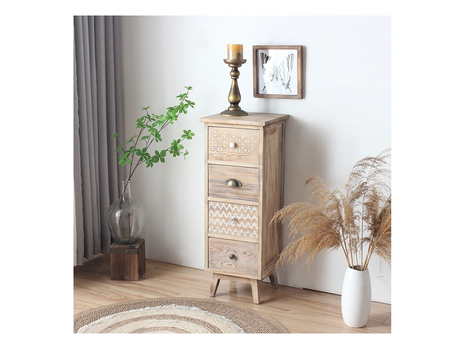 Table De Chevet Étroite 4 Tiroirs Boho Bois Pour Chambre À Coucher