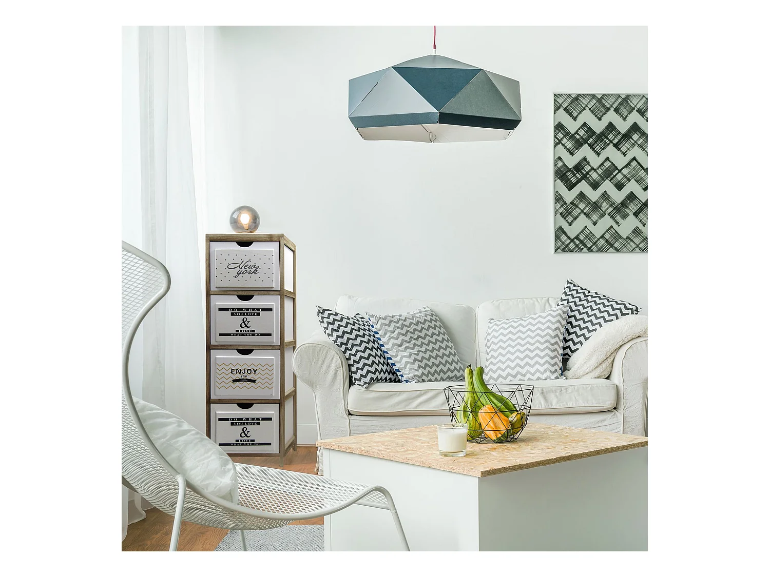 Commode Table De Chevet Nordic Marron Blanc 4 Tiroirs 97x30x24