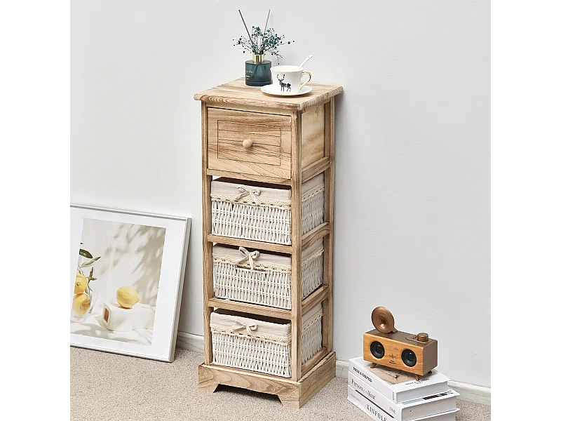 Cassettiera 1 Cassetto 3 Ceste Legno Vimini Rustico 81x30x27