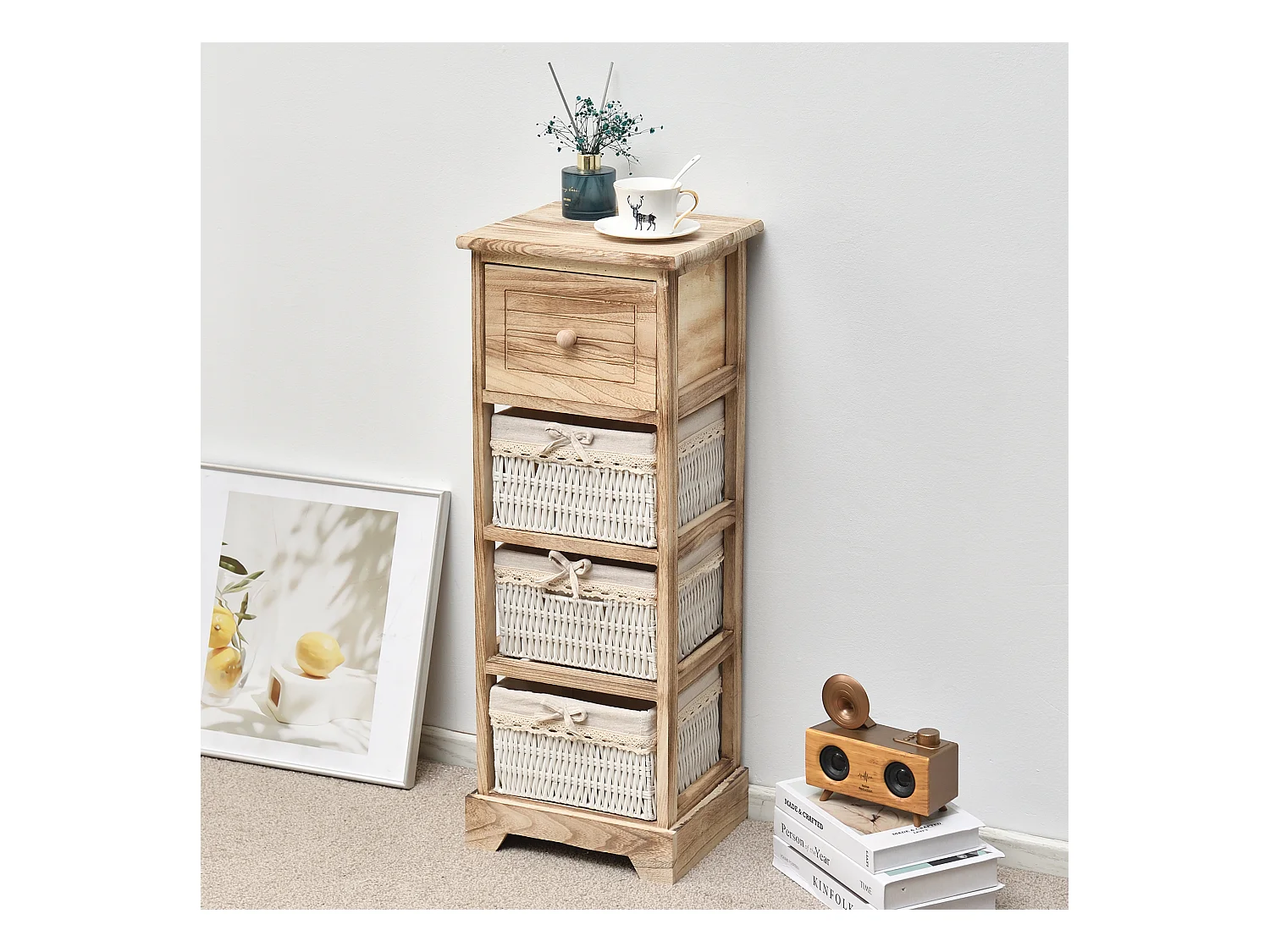 Cassettiera 1 Cassetto 3 Ceste Legno Vimini Rustico 81x30x27