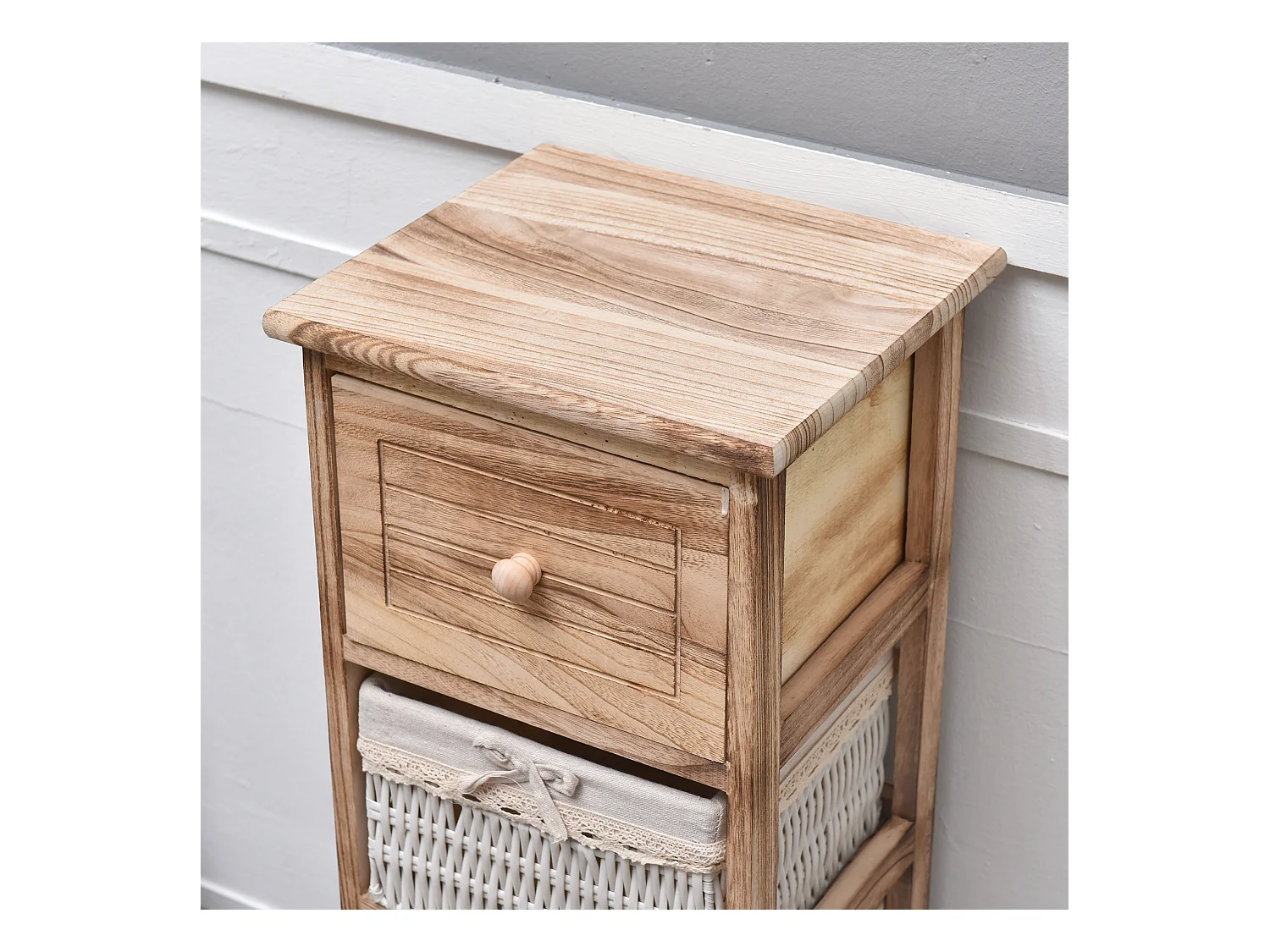 Cassettiera 1 Cassetto 3 Ceste Legno Vimini Rustico 81x30x27