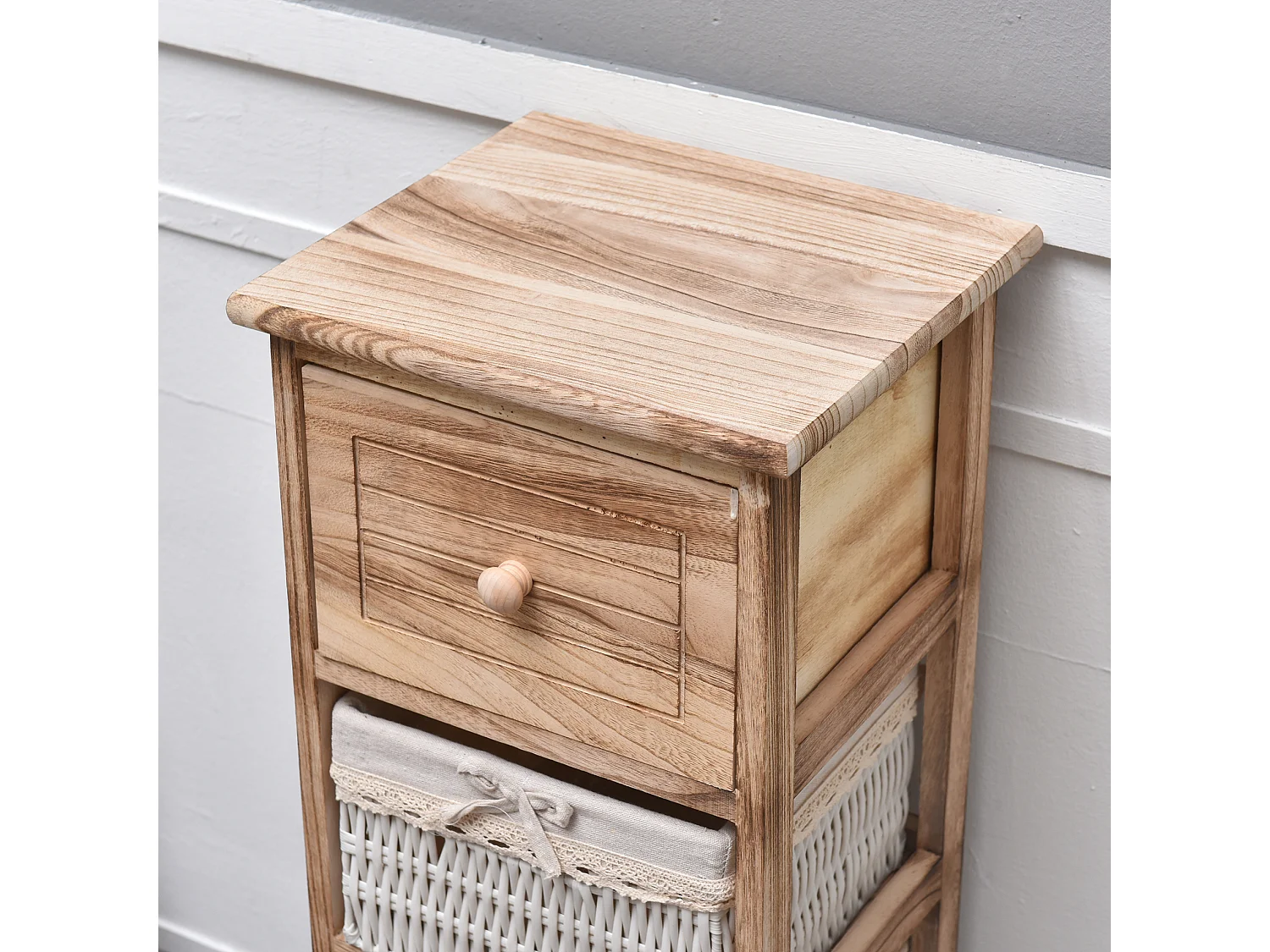 Table De Chevet 1 Tiroir 3 Paniers Bois Marron Clair 81x30x27