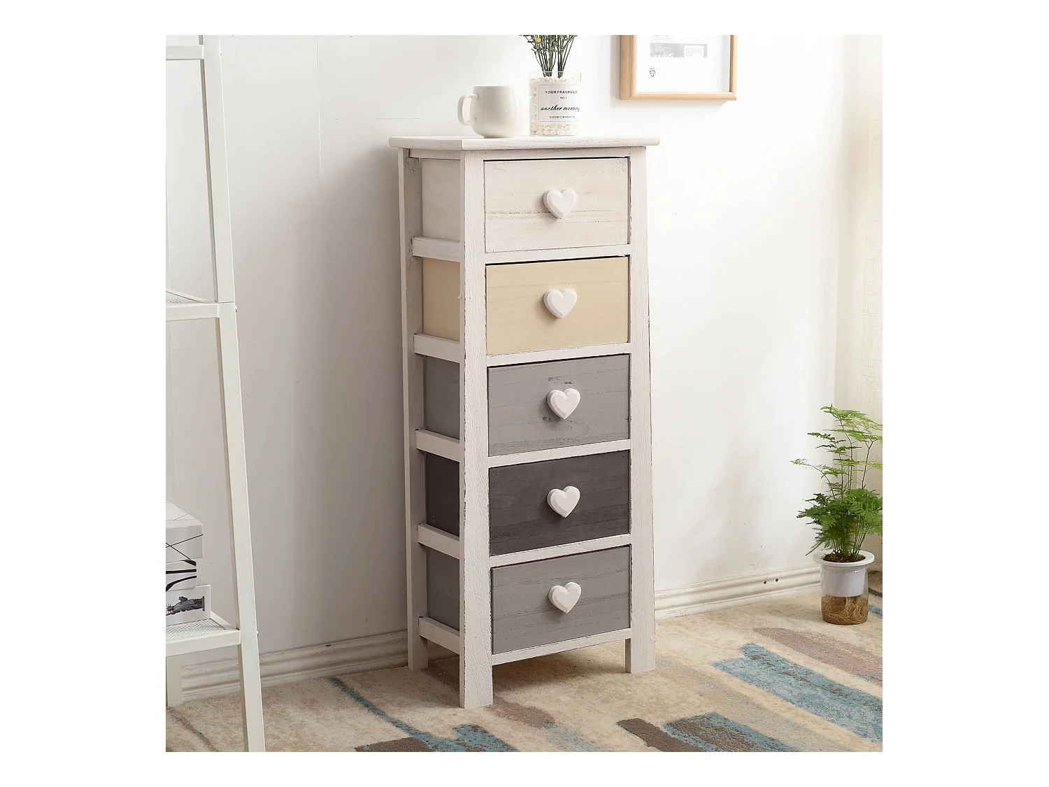 Chiffonnier Commode 5 Tiroirs Bois Blanc Beige Gris 87x37x25