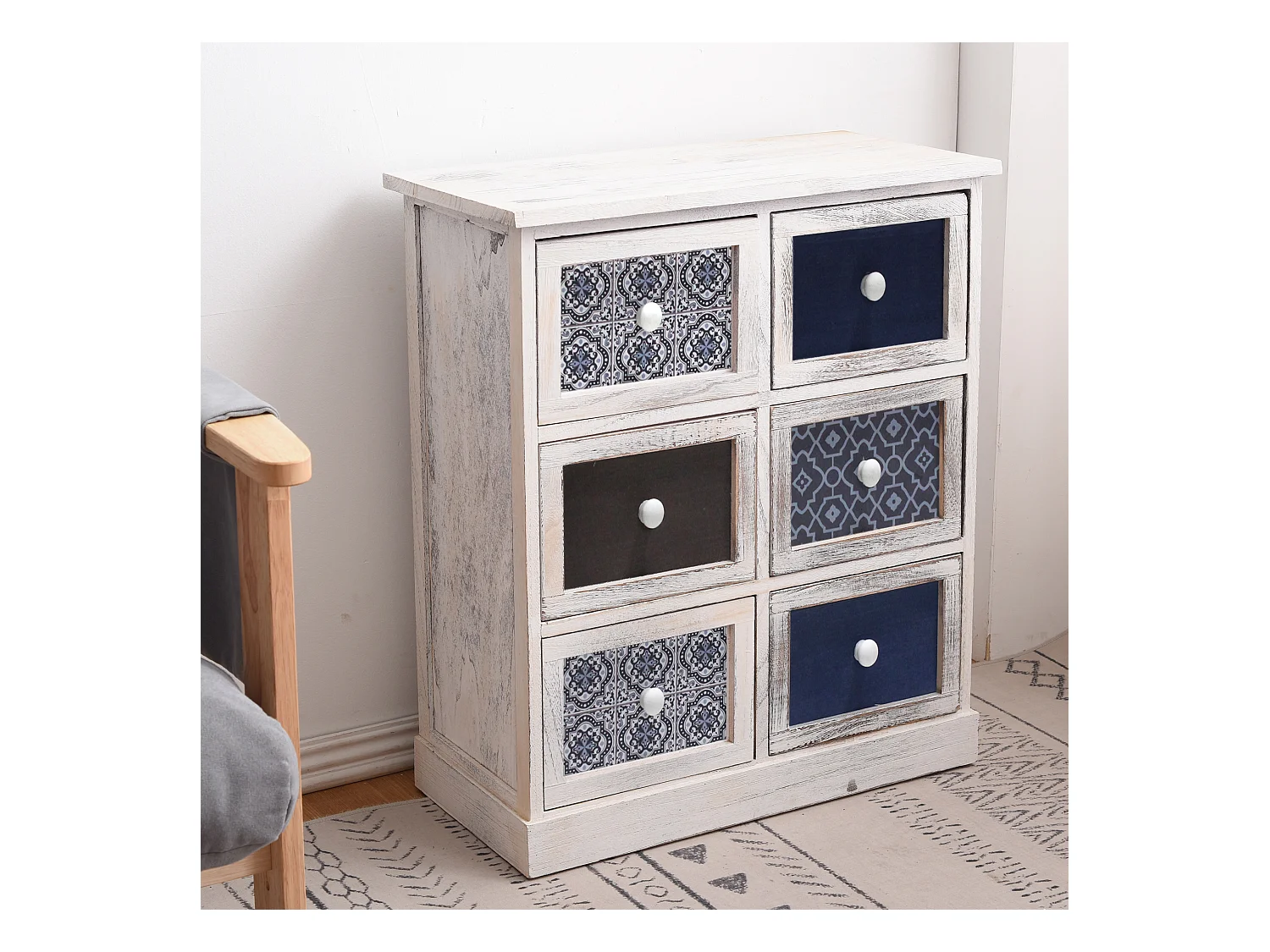 Cassettiera Comodino Legno 6 Cassetti Bianco Azzurro 59,5x55,5x25