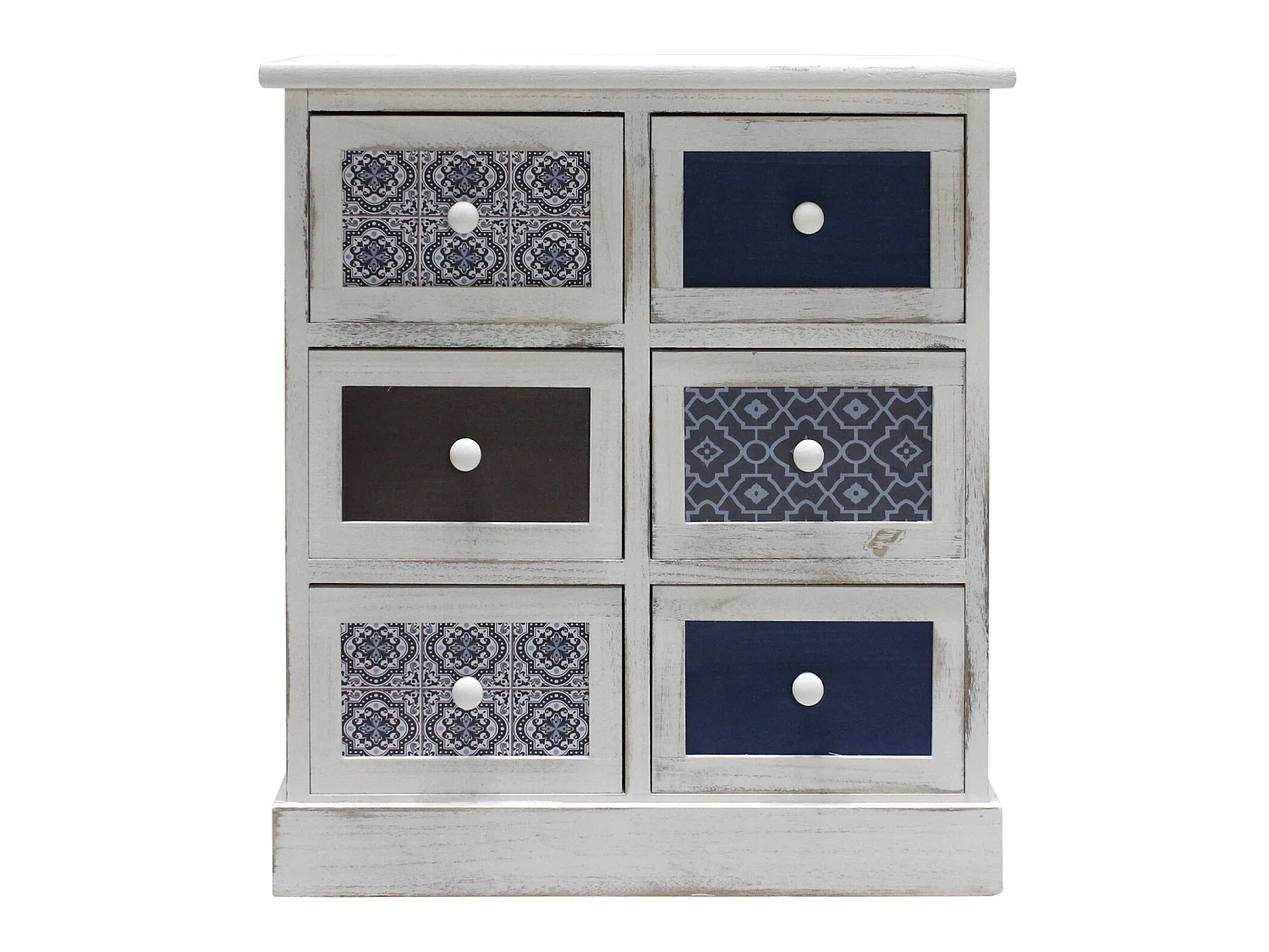 Cassettiera Comodino Legno 6 Cassetti Bianco Azzurro 59,5x55,5x25