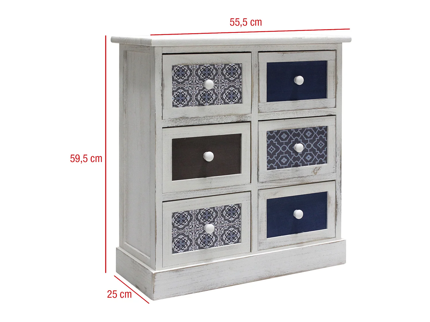 Cassettiera Comodino Legno 6 Cassetti Bianco Azzurro 59,5x55,5x25