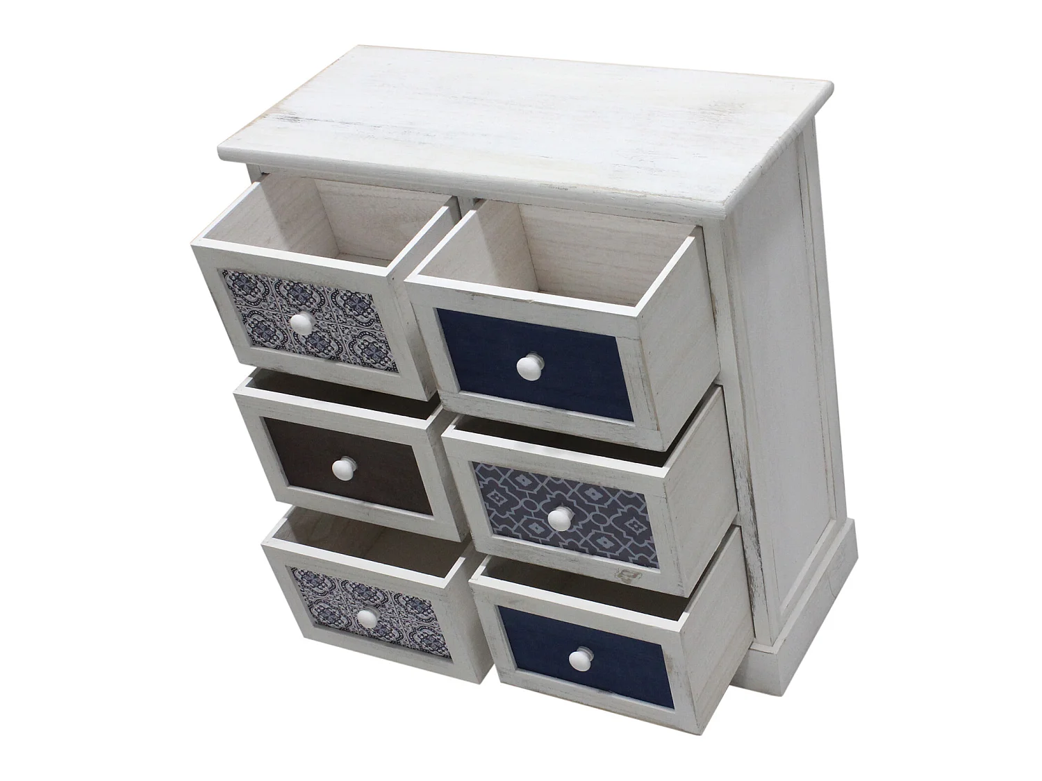 Cassettiera Comodino Legno 6 Cassetti Bianco Azzurro 59,5x55,5x25