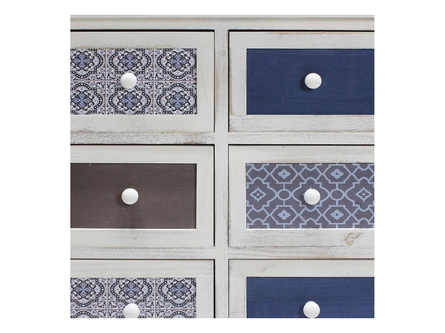 Cassettiera Comodino Legno 6 Cassetti Bianco Azzurro 59,5x55,5x25