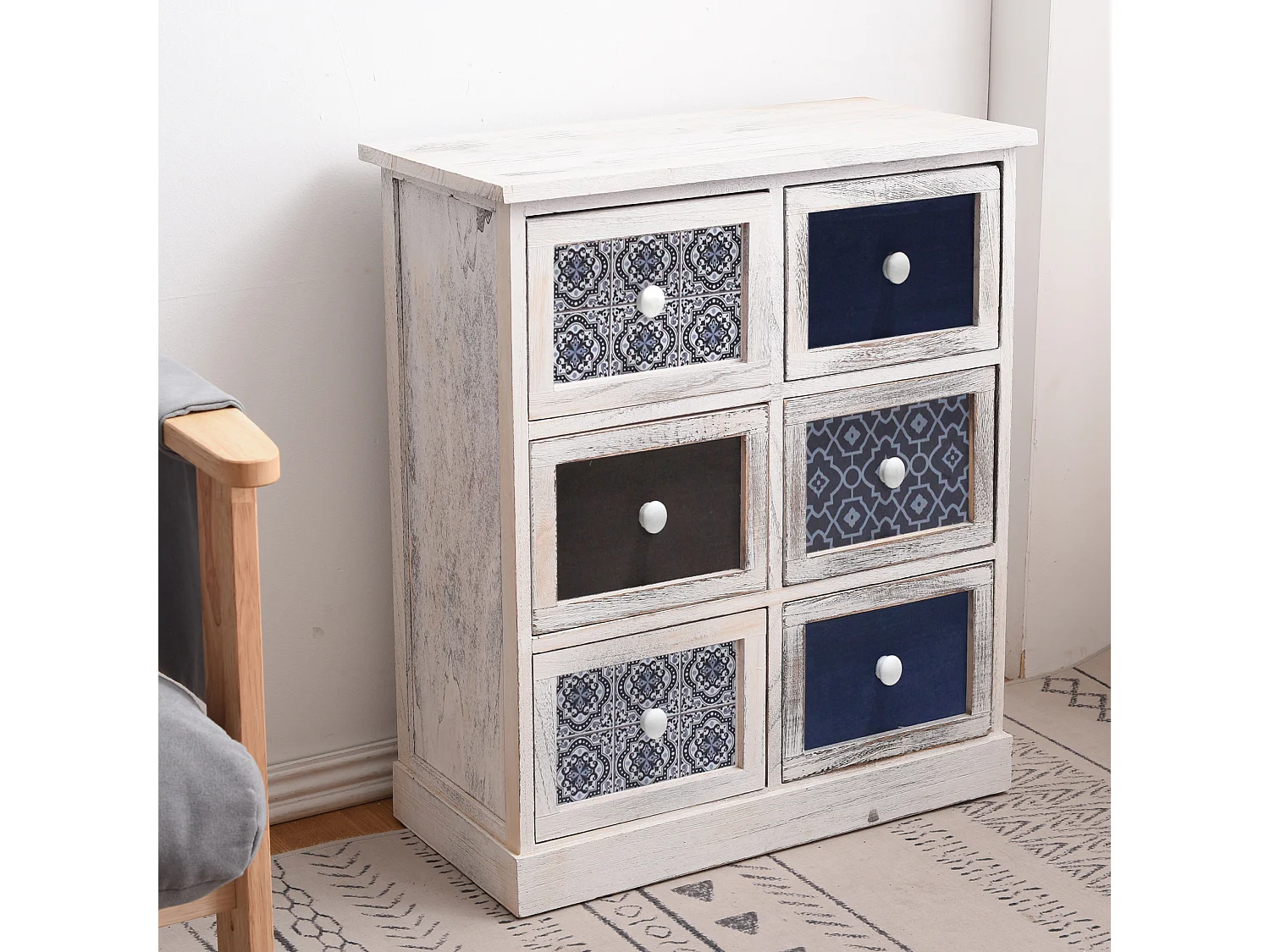 Armoire Meuble Rangement Blanc Gris Bleu Clair 6 Tiroirs 59,5x55x25