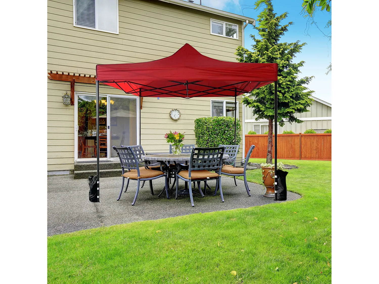 Gazebo Pavillon Pliant Rouge 4 Poids Métal Polyester Jardin 3x3