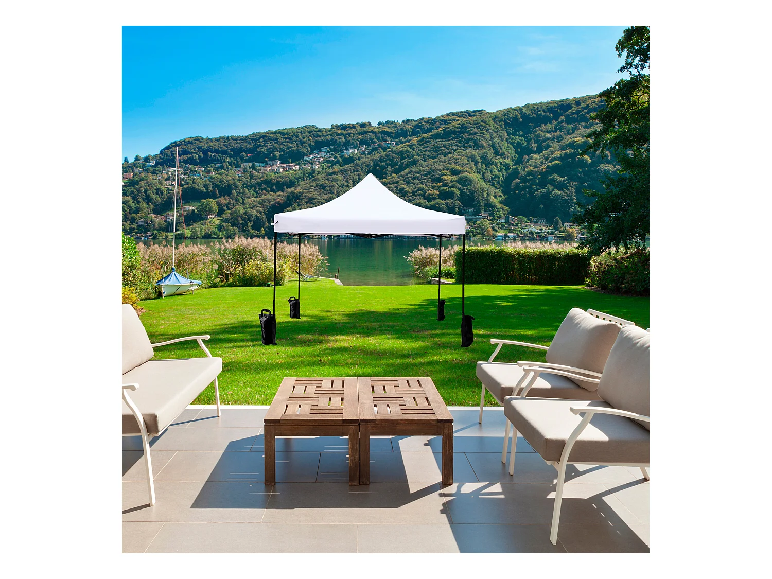 Gazebo Chapiteau Pliant Blanc 4 Poid Métal Polyester Jardin 3x3