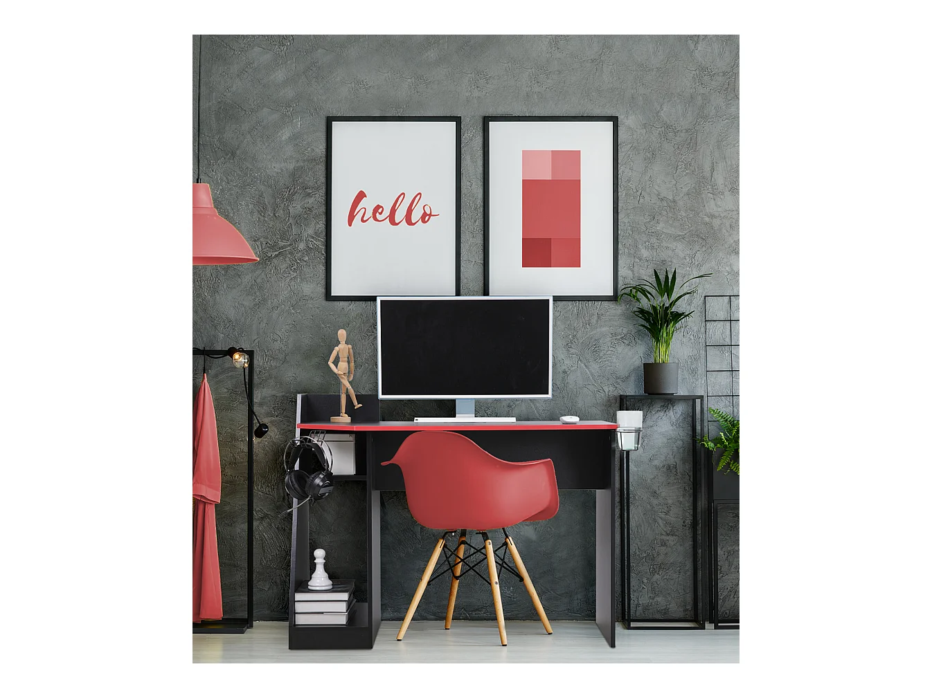 Table gaming pour PC noire rouge en bois moderne avec accessoires