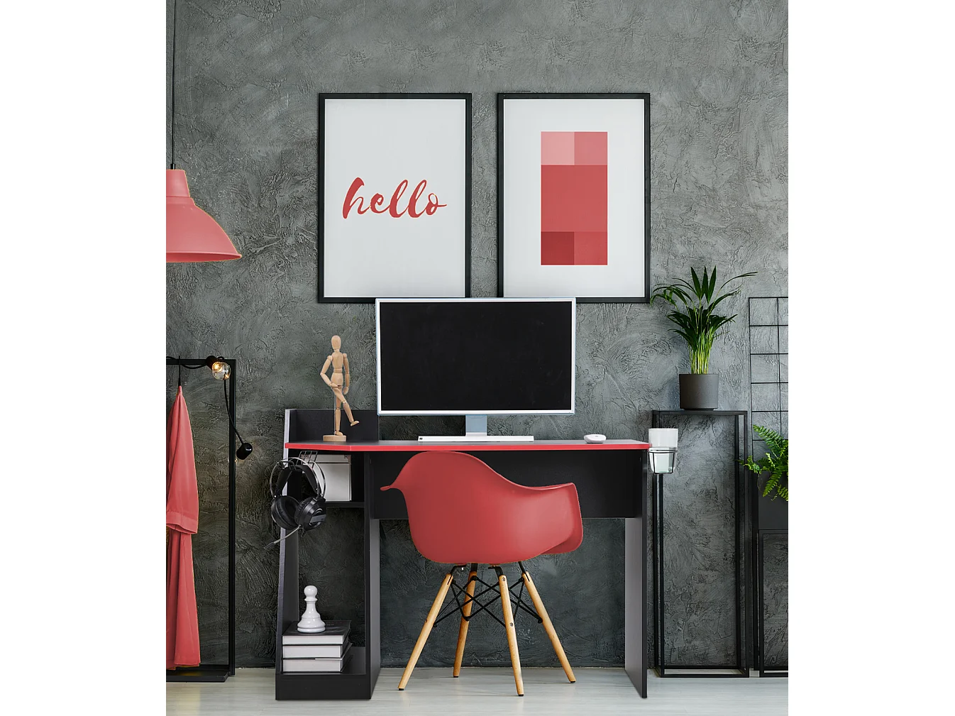Table gaming pour PC noire rouge en bois moderne avec accessoires