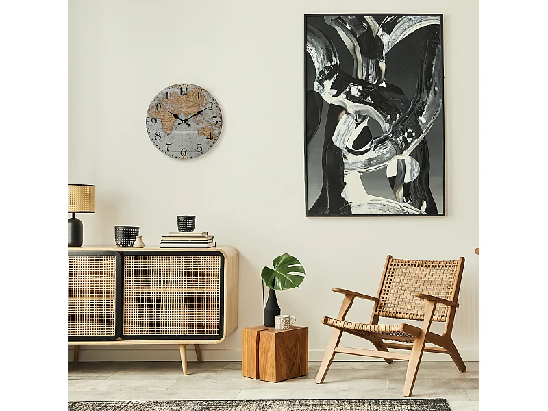 Reloj de Pared con Mapa del Mundo Mdf Marrón Gris Estilo Retro para Cocina