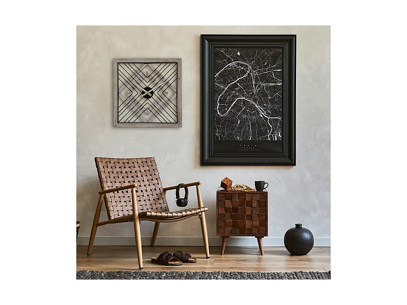 Horloge Murale Carrée en Métal Mdf Noir Brun Style Moderne