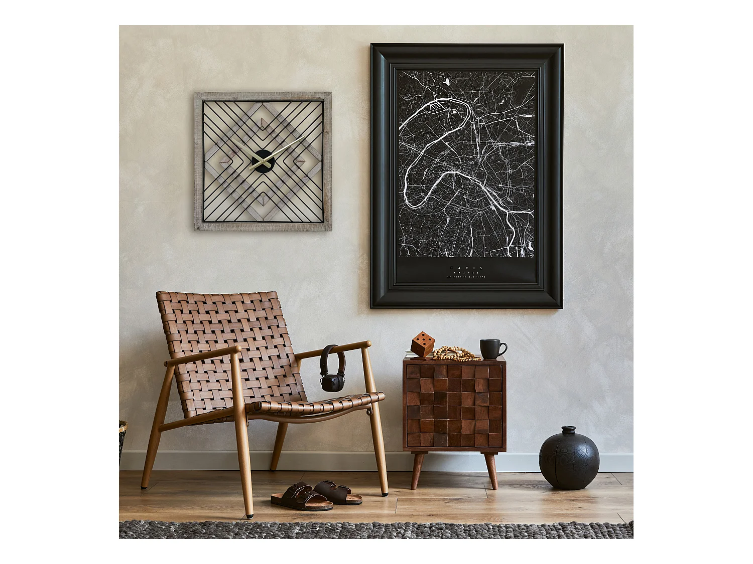 Horloge Murale Carrée en Métal Mdf Noir Brun Style Moderne