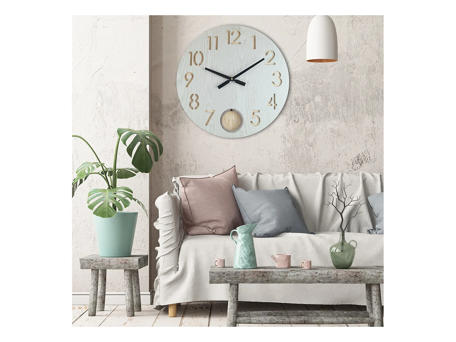 Grande Horloge Murale Particulière En Mdf, Blanc Marron, Salon 50 Cm