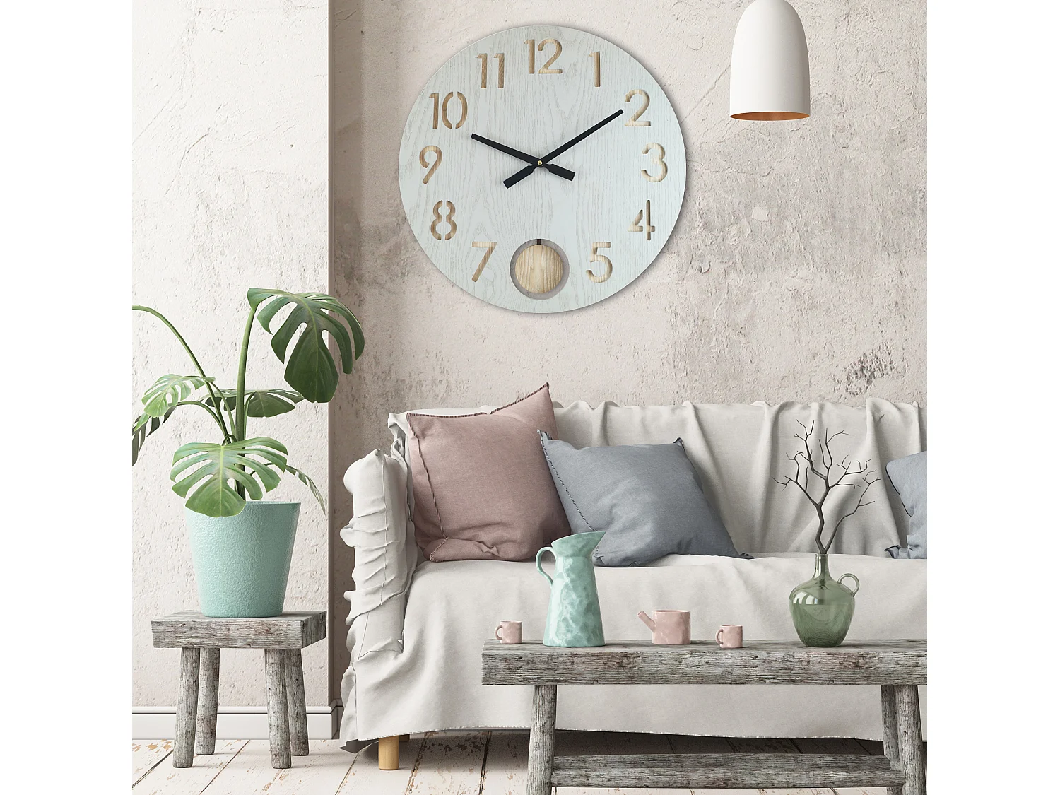 Grande Horloge Murale Particulière En Mdf, Blanc Marron, Salon 50 Cm