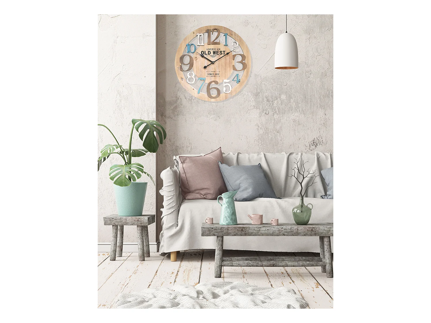 Orologio A Parete Legno Azzurro Bianco Rustico Rotondo 50x50x4,5