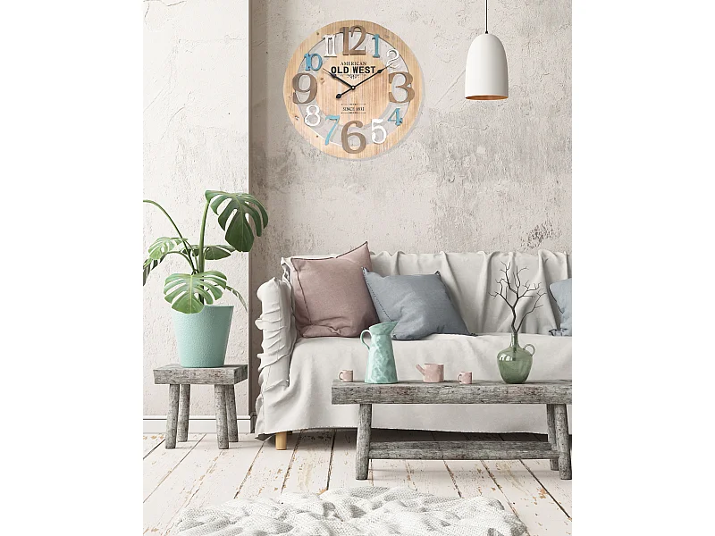 Orologio A Parete Legno Azzurro Bianco Rustico Rotondo 50x50x4,5