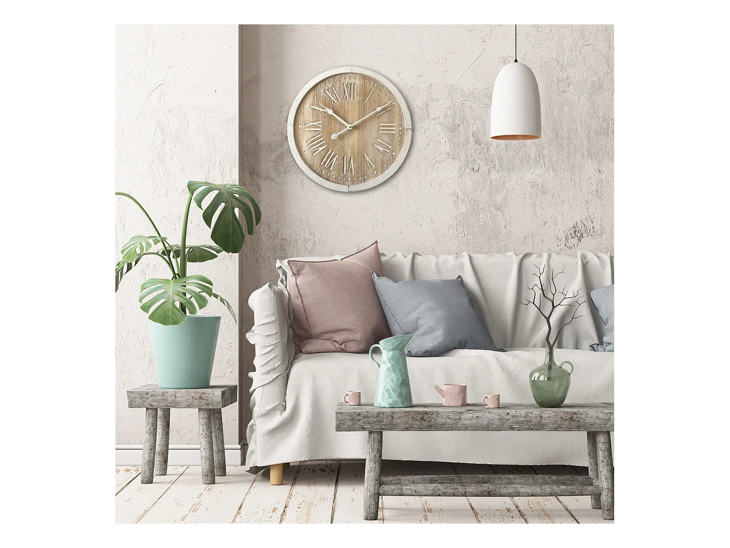 Horloge Murale Ronde Shabby Blanc Analogique Mdf 40x40x4,5