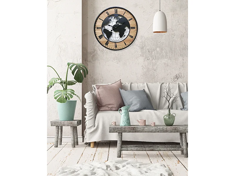 Orologio A Muro Tondo Retro Marrone Nero Mdf Analogico 50x50x4,5