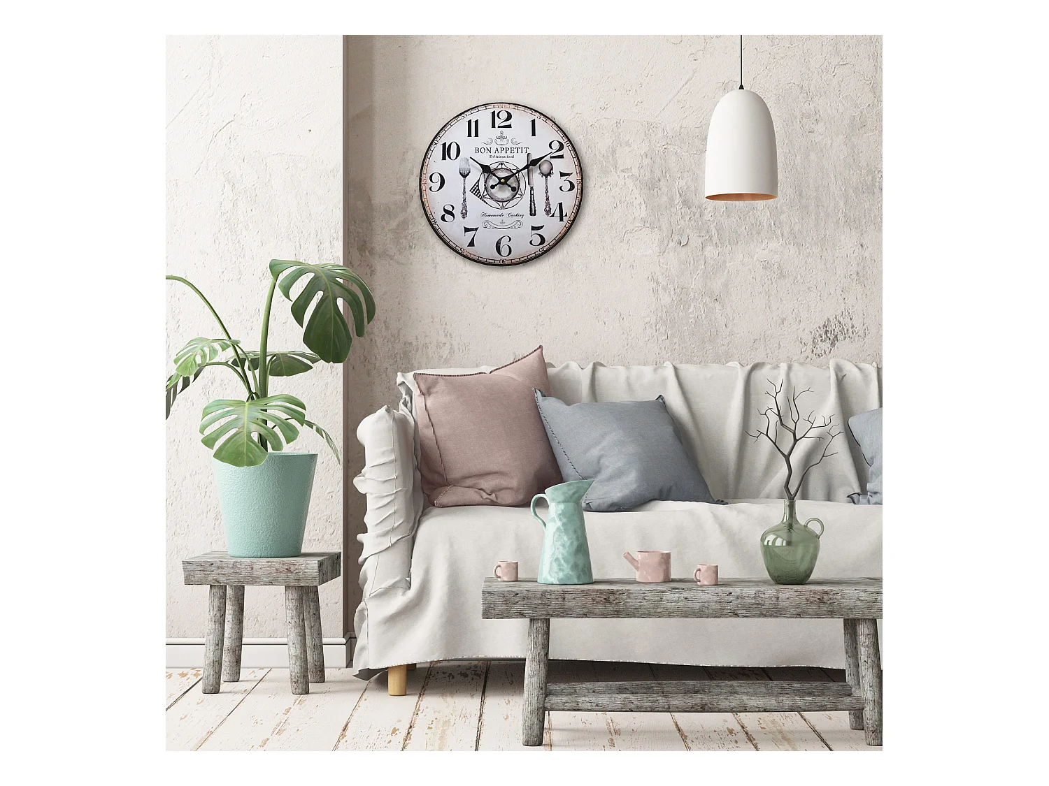 Horloge Cuisine Mdf Rétro Blanc Marron Analogique 33,8x33,8x4