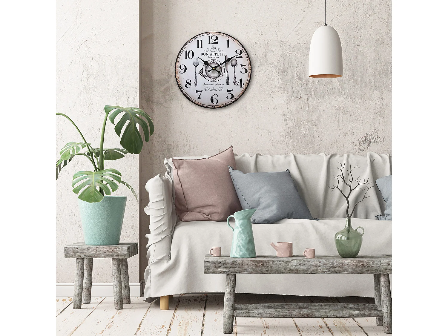 Cocina Reloj Mdf Retro Blanco Marrón Analógico 33,8x33,8x4