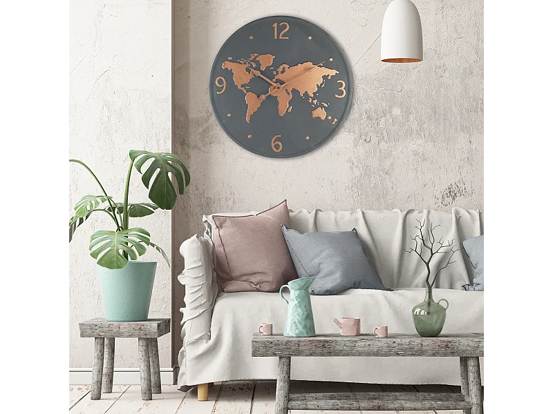 Orologio Parete Mappamondo Metallo Grigio Scuro Marrone 45x45x4,5