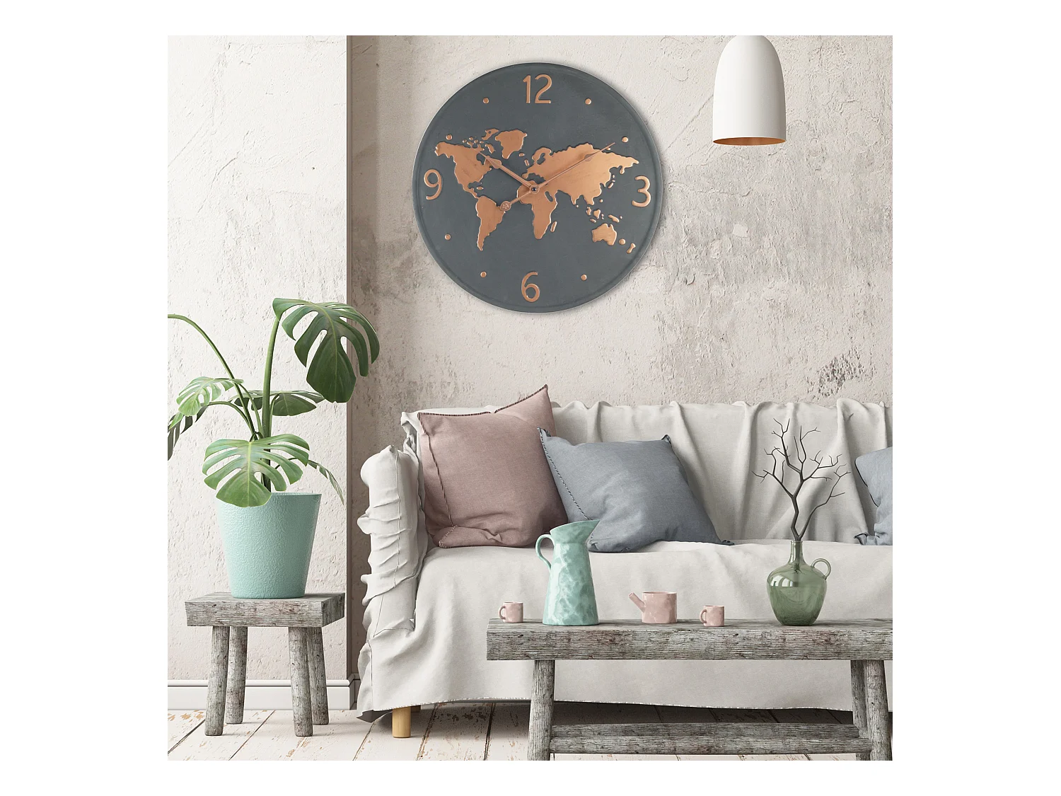 Horloge Murale Métal Mappemonde Gris Foncé Brun Cuivré Salon Cuisine