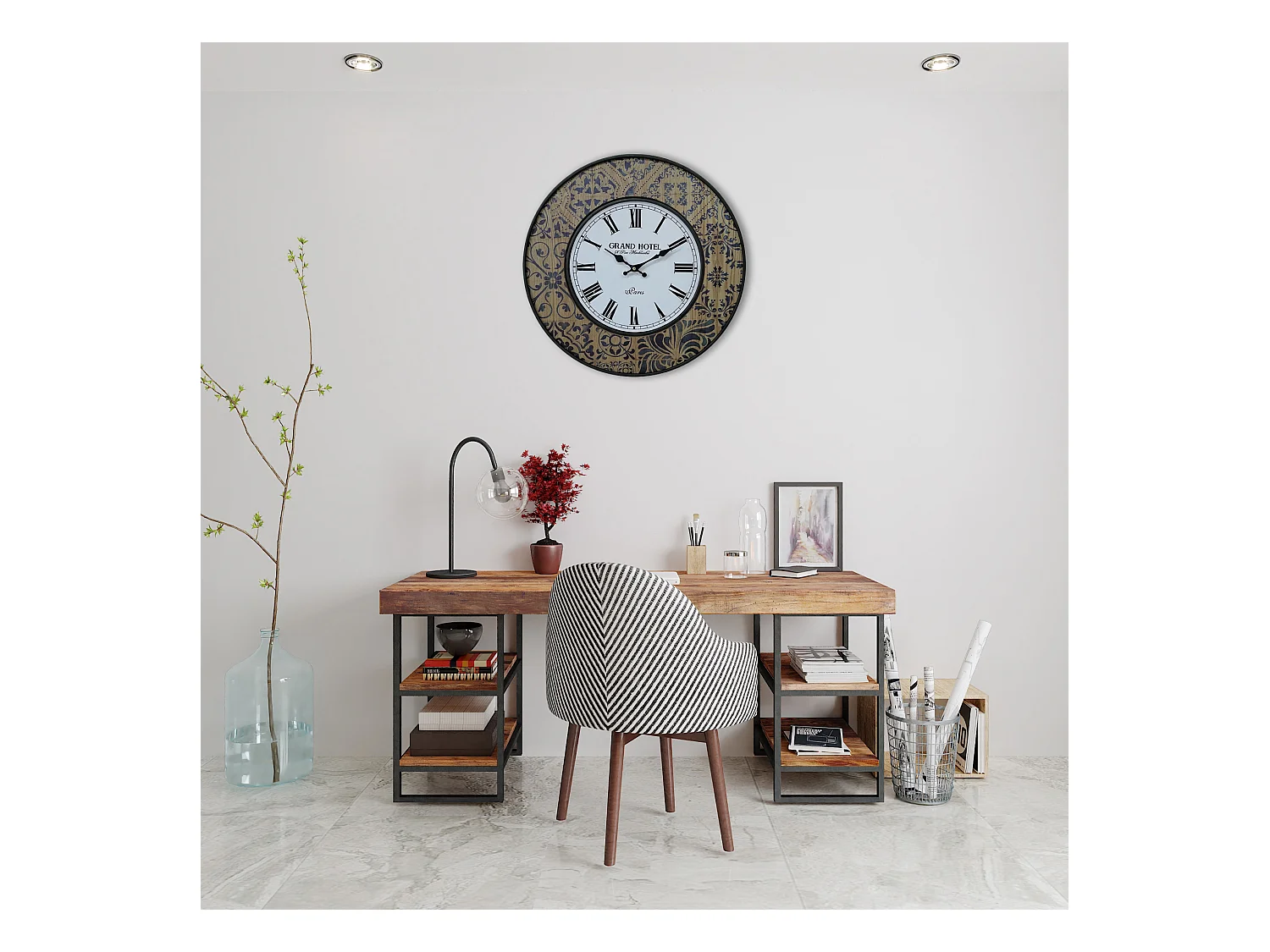 Grande Horloge Murale Blanche Bleue Mdf Metal pour Cuisine Salon