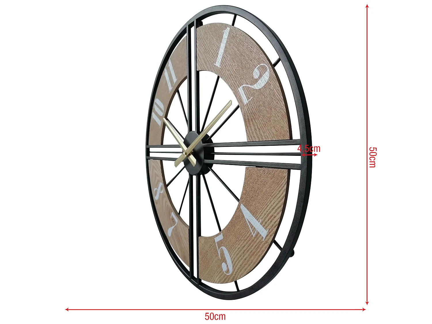 Reloj de Pared Decorativo Redondo Mdf Metal Negro Marrón 50 cm