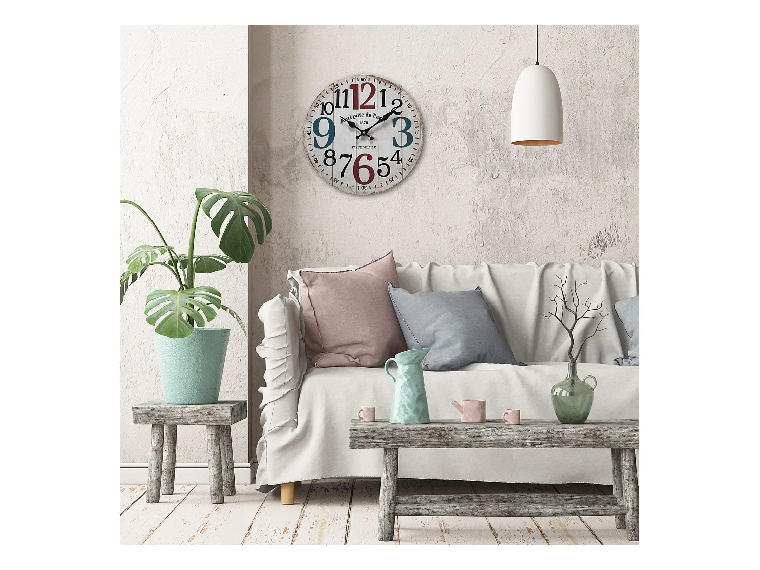 Relógio de parede Redondo Mdf Branco Shabby Sala de estar 33.8x33.8x4