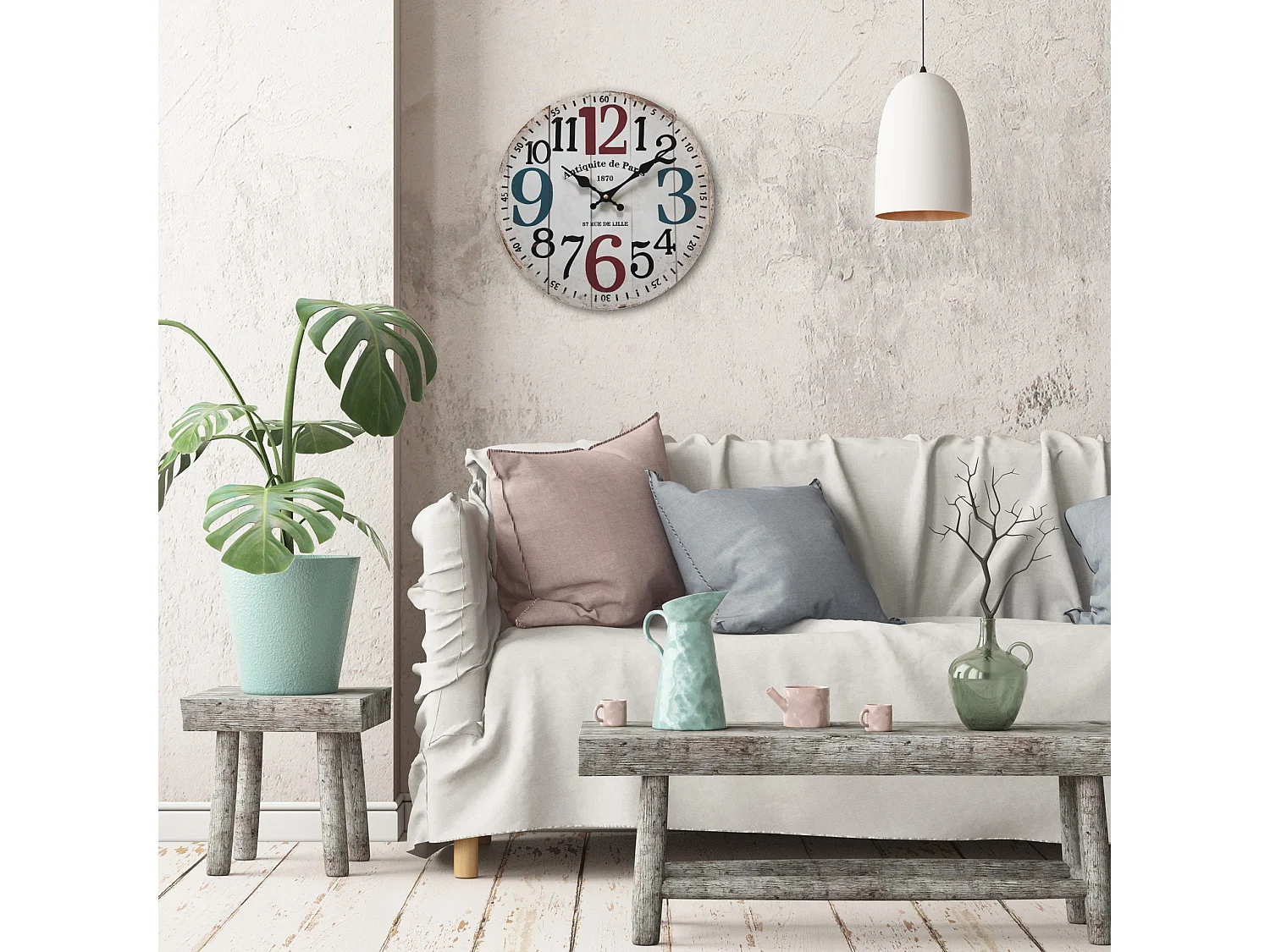 Horloge Murale Ronde Mdf Blanc Shabby Salon 33,8x33,8x4