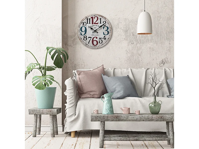 Orologio A Muro Tondo Mdf Bianco Shabby Soggiorno 33,8x33,8x4