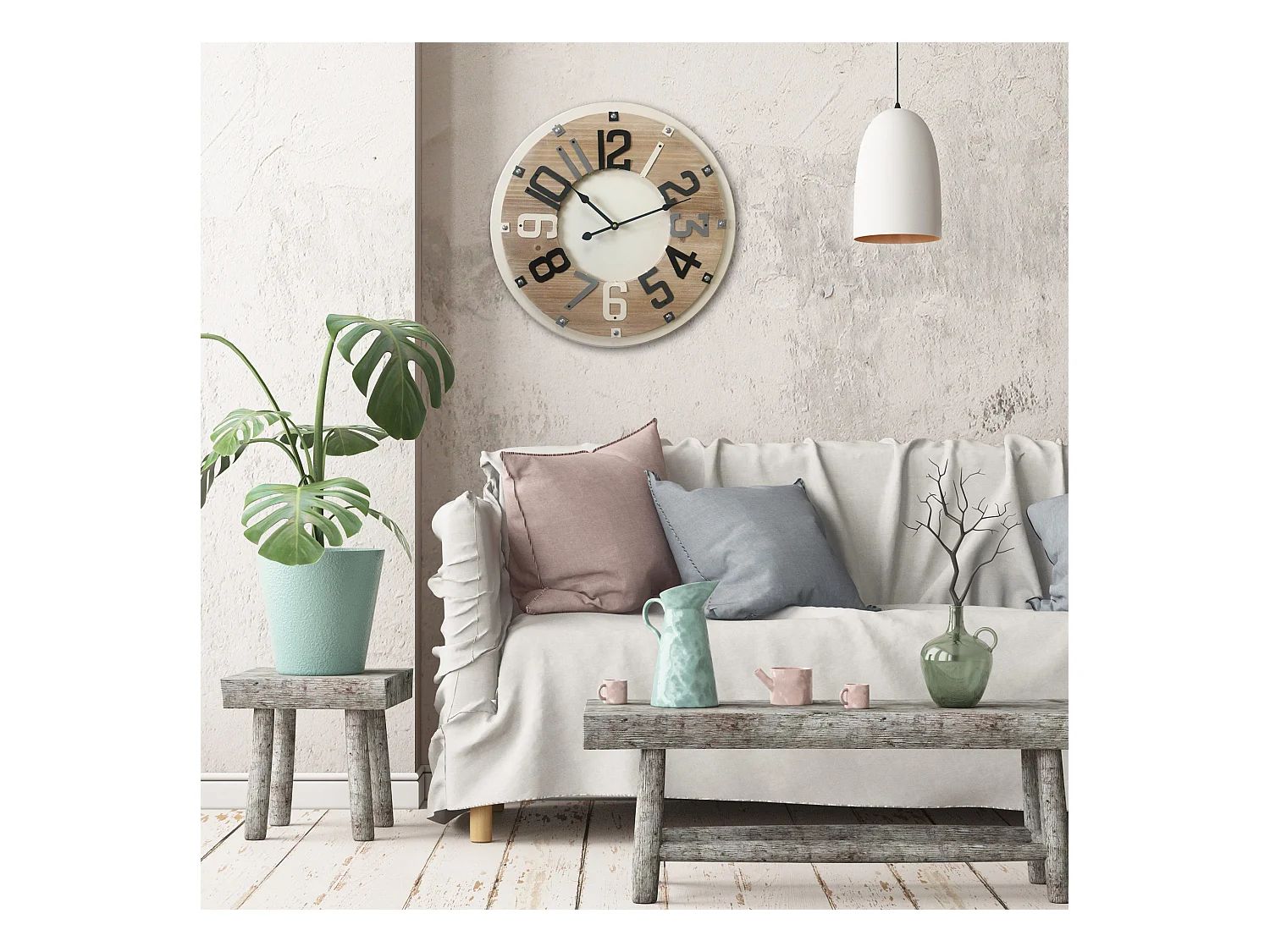 Orologio Arredo Rotondo Beige Legno Industrial 50x50x4,5