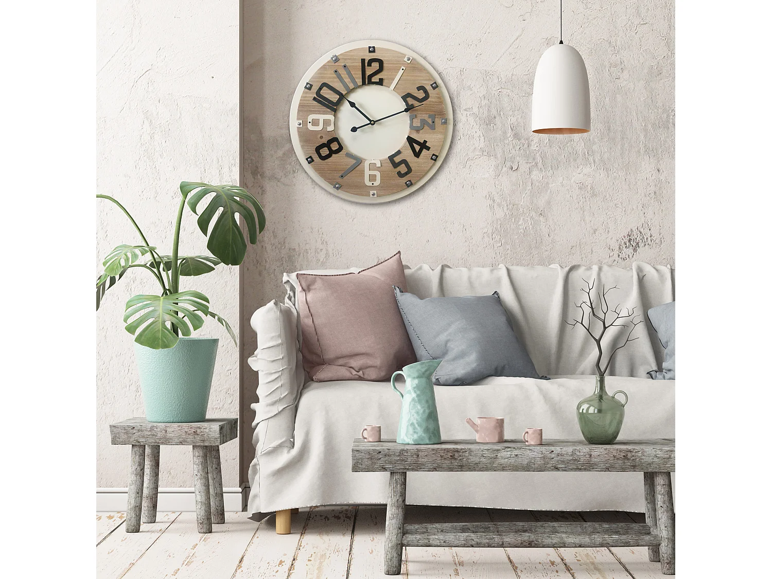 Horloge De Décor Chambre Ronde Bois Metal Beige Marron 50x50x4,5