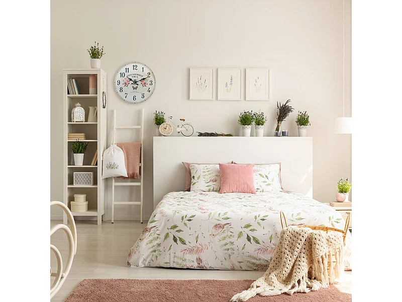 Orologio da Parete Rotondo Mdf Bianco Stampa Floreale Stile Shabby