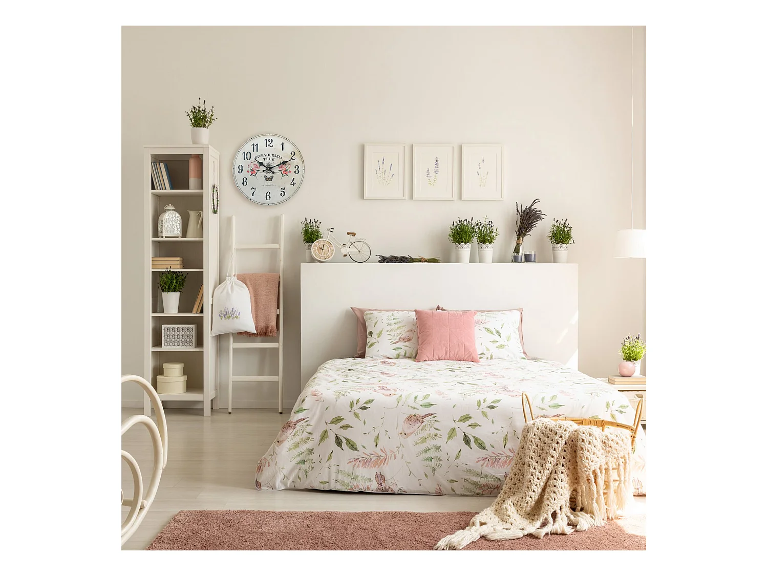 Relógio de Parede Mdf Redondo Estilo Shabby de Impressão Floral Branca