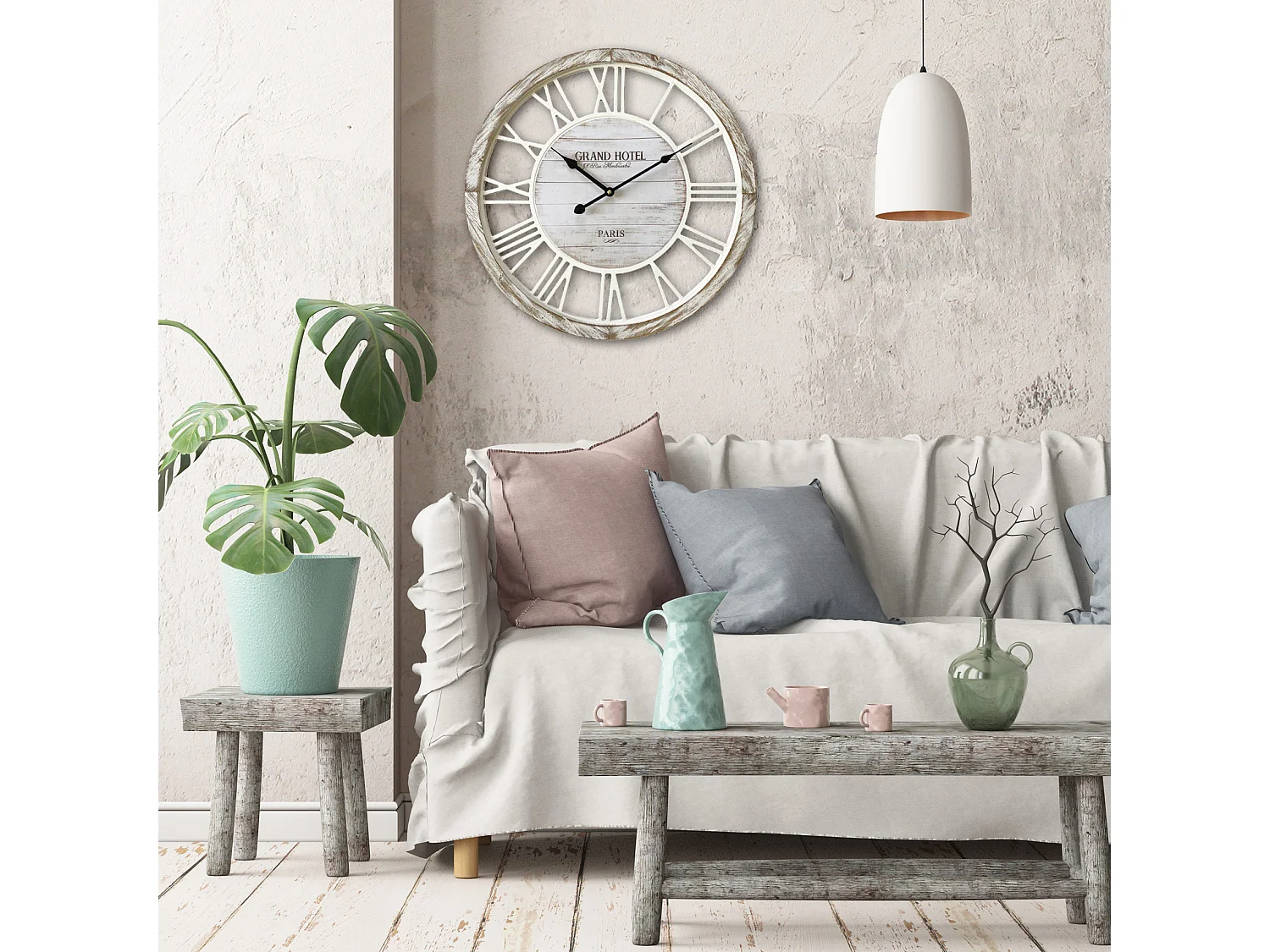 Horloge Salon Horloge Murale Shabby Vintage Bois Blanc 50x50x4,5