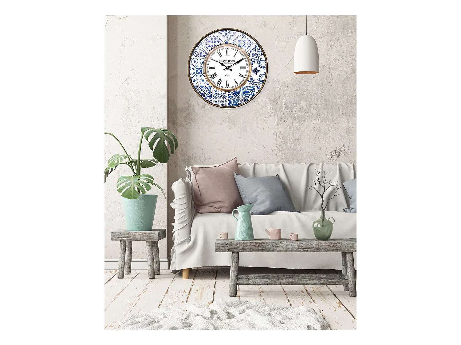 Horloge Décorative Metal Blanc Bleu Analogique 50x50x4,5
