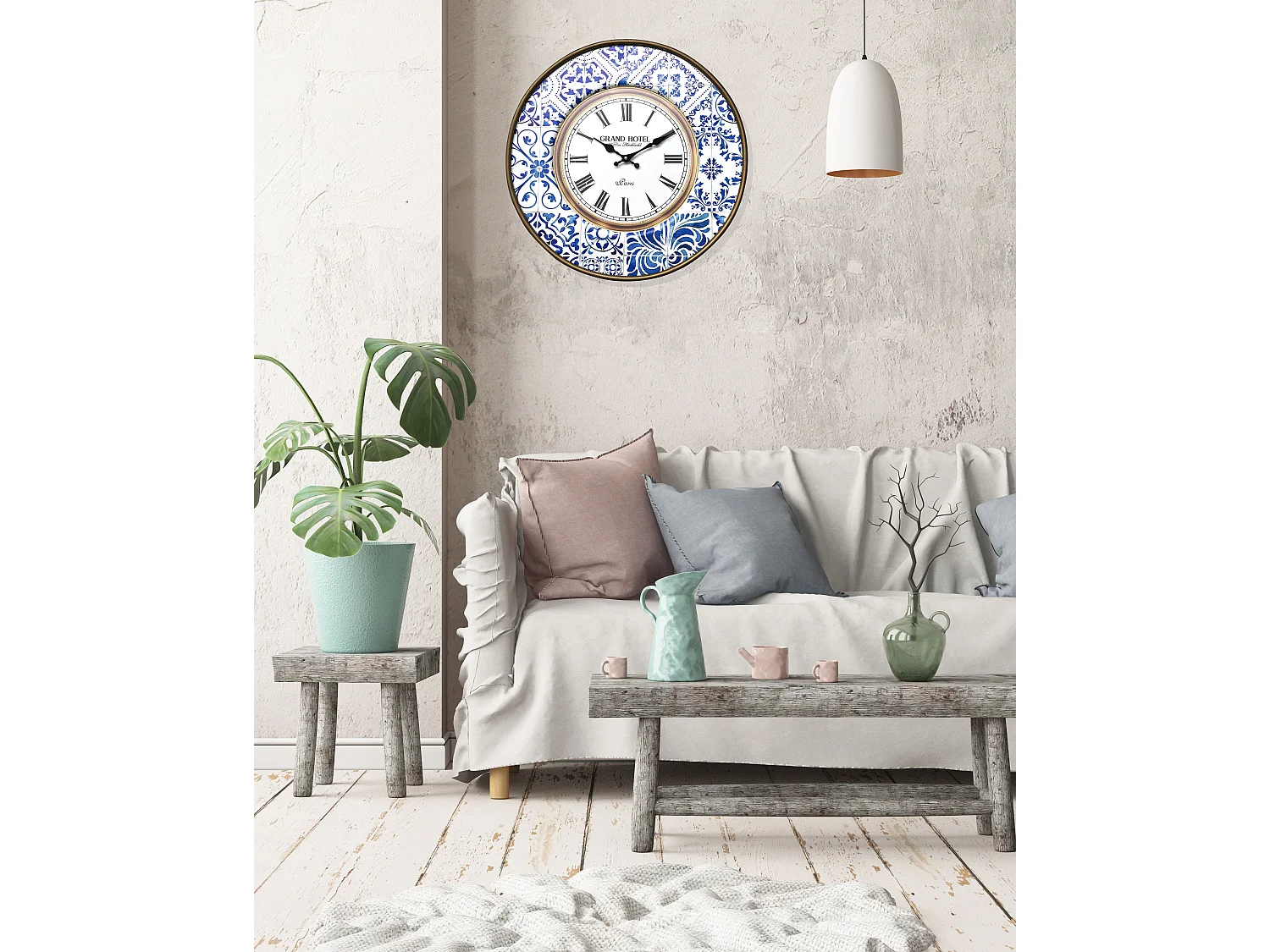 Horloge Décorative Metal Blanc Bleu Analogique 50x50x4,5