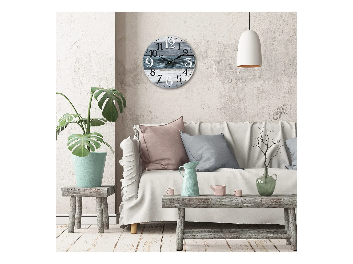 Orologio A Muro Bianco Grigio Blu Mdf Shabby Tondo 33,8x33,8x4