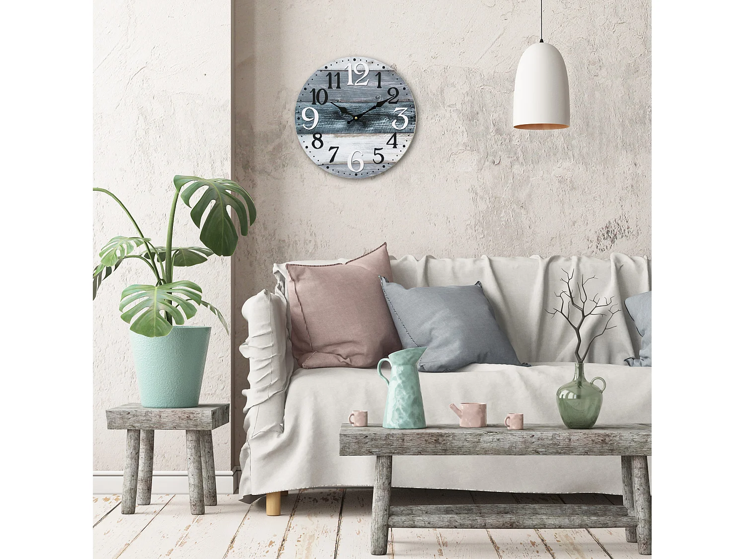 Horloge Murale Blanc Gris Bleu Mdf Shabby Rond 33,8x33,8x4