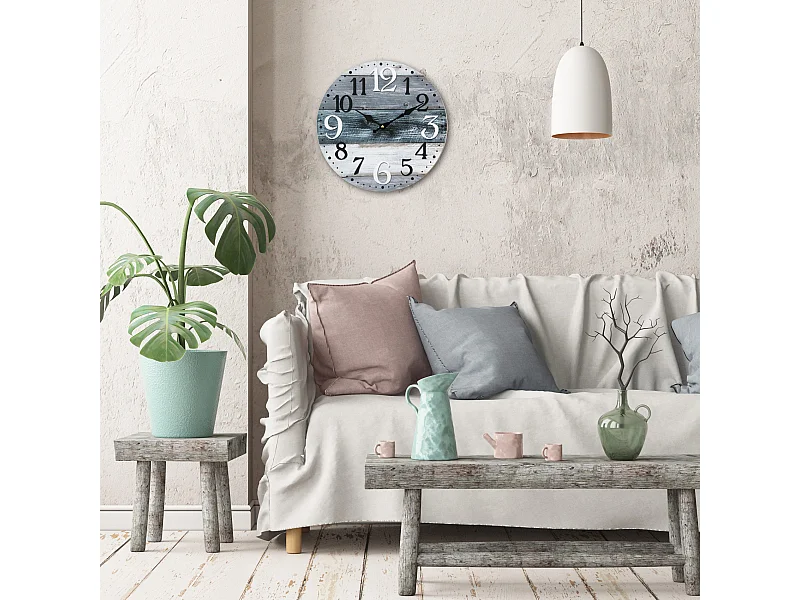 Orologio A Muro Bianco Grigio Blu Mdf Shabby Tondo 33,8x33,8x4
